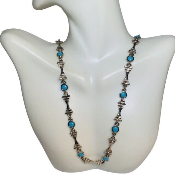 Blue Turquoise Silver Tone Station Vintage Bohemian Minimalist Necklace 27” - Picture 4 of 13